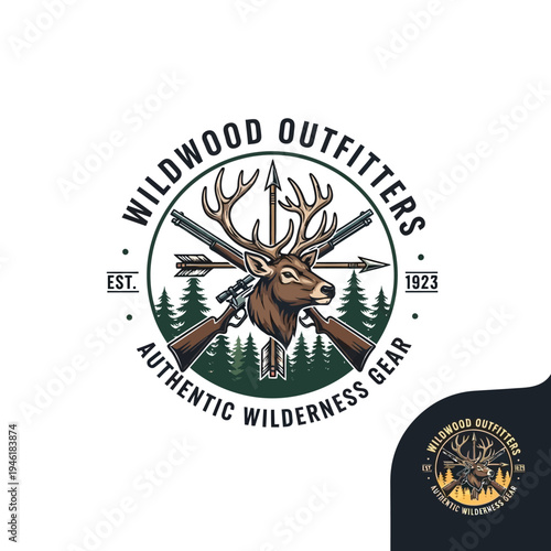Vintage Wildwood Outfitters logo featuring a deer head, crossed rifles, arrows, and pine trees, symbolizing authentic wilderness gear and hunting.