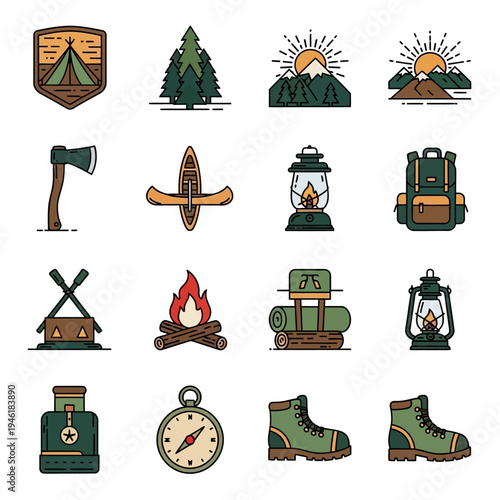 A collection of colorful flat design camping and outdoor adventure icons, including tents, trees, mountains, axes, canoes, lanterns, backpacks, campfires, compasses, and hiking boots.