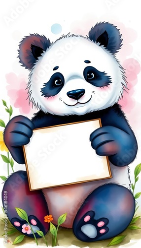 Adorable watercolor panda with a blank sign, representing peace and innocence, panda,  smiling