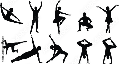Dance and gymnastics silhouettes set, ballet dancer yoga pose acrobatic movement fitness training artistic performance isolated black silhouette collection