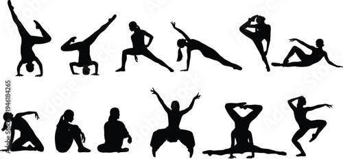 dance, dancers, silhouettes, contemporary, ballet, performance, movement, flexibility, fitness, art, pose, choreography, black, vector, isolated, set, lifestyle, elegance, motion, illustration