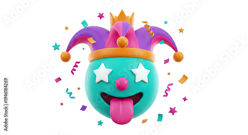 3D Clown Face Emoji with Jester Hat and Confetti