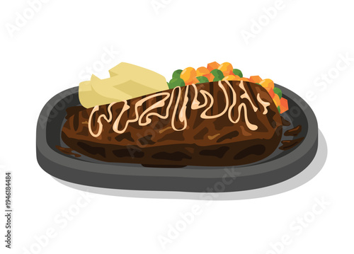 Steak on a hotplate. Simple flat illustration.
