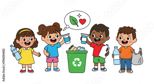 Four diverse children happily engage in recycling by collecting various plastic items and placing them into a green bin, promoting environmental care and sustainability.
