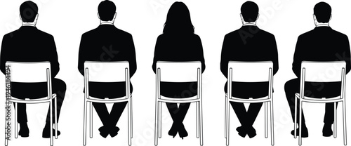 Business people sitting on chairs rear view silhouettes, corporate men and woman isolated black figures on white background