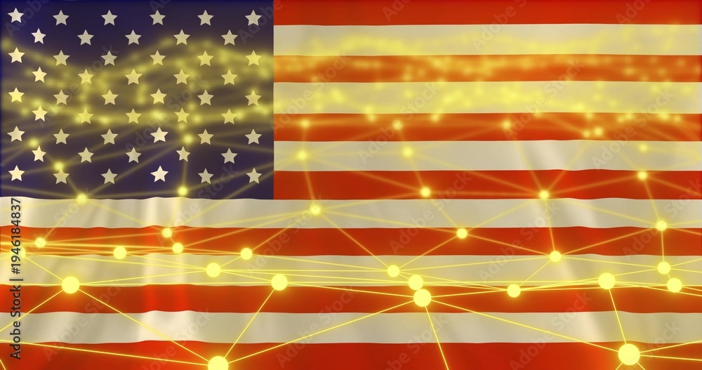 Naklejka premium Displaying US flag as digital art layered with glowing gold nodes, thin lines and light flares