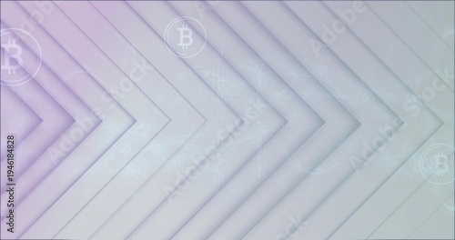 Forming layered V chevrons in digital background, featuring BTC icons, circuit lines, grain noise