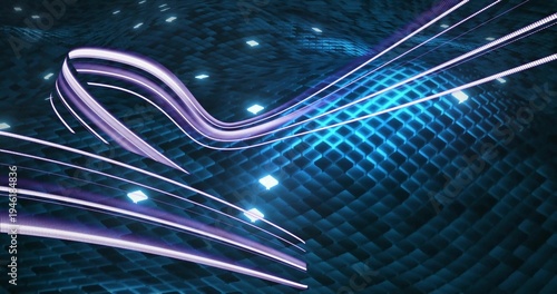 Flowing neon ribbons moving across virtual tiled teal surface showing diamond nodes and streaks