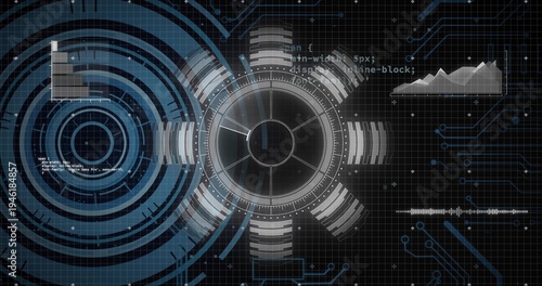 Displaying central HUD reticle rotating on control panel grid, with rings, charts, waveform, code