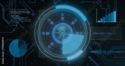 Scanning central holographic interface on dark grid HUD, displaying pie chart, rotating sweep