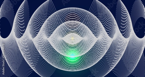 Displaying ringed mesh pulsating in deep navy with white point cloud, green core, dotted arcs