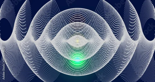 Naklejka na ścianę Displaying ringed mesh pulsating in deep navy with white point cloud, green core, dotted arcs