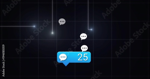 Floating blue chat-bubble showing 25 on dark grid, with three white ellipsis icons, beams and nodes