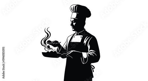 Professional chef preparing a delicious meal in a sizzling pan, showcasing culinary expertise.