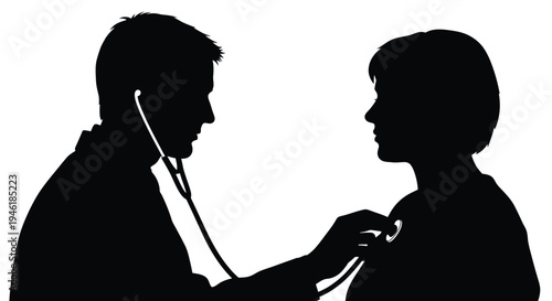 Silhouette of a medical doctor carefully examining a patient using a stethoscope during a routine checkup