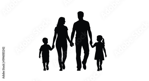 Happy family of four walking together holding hands, representing unity and love as a silhouette.