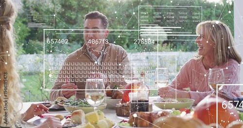 Family gathering sitting at backyard patio dining table sharing corn salad wine and AR overlays