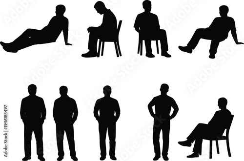 Collection, of, male, silhouette, figures, standing, and, seated, poses, isolated, on, white, background, people, character, set, vector, illustration, posture, reference