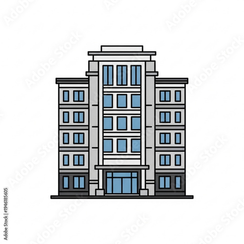 A detailed illustration of a modern multistory building with blue windows and a sleek design