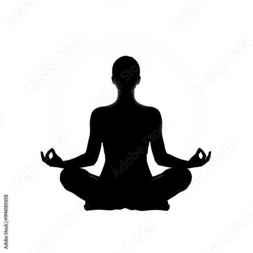 Silhouette of a person sitting in lotus position in a meditative yoga pose with hands in a calming gesture