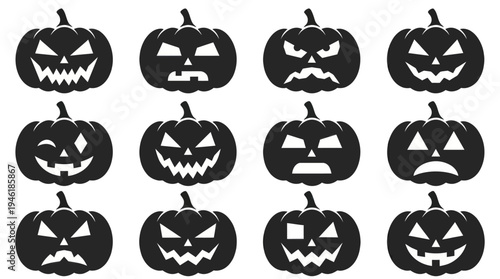 Collection of Spooky Halloween Pumpkins with Various Carved Faces.
