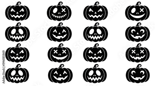 Collection of Spooky Halloween Jack-o-Lanterns with Various Facial Expressions.
