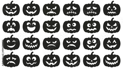 Collection of Spooky Halloween Pumpkin Silhouettes with Various Facial Expressions.
