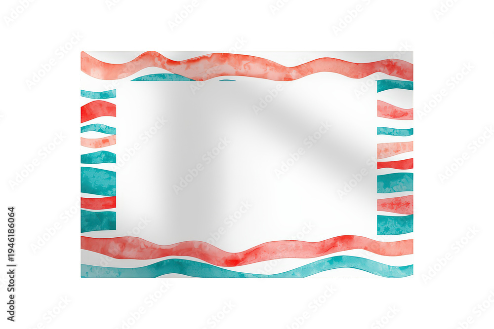 Fototapeta premium White paper sheet with red and turquoise watercolor waves border framing copy space, transparent background