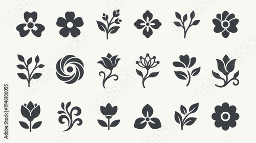 Collection of various black floral and leaf silhouette icons.