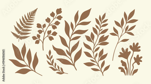 Collection of Various Botanical Leafy Branches and Flowers in Earthy Tones.