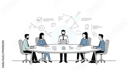 Vector illustration of business people in meeting, office teamwork