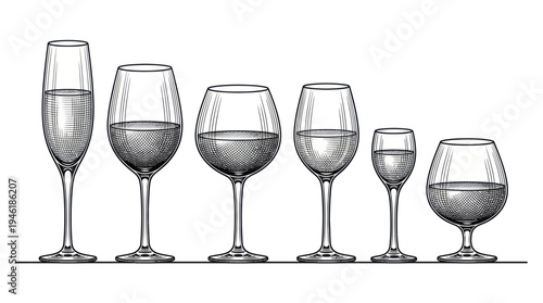 Collection of various wine glasses filled with liquid in a row.