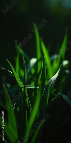 Sunlit emerald pitch veiled in shadow, ephemeral glow on damp blades,  grass,  bokeh