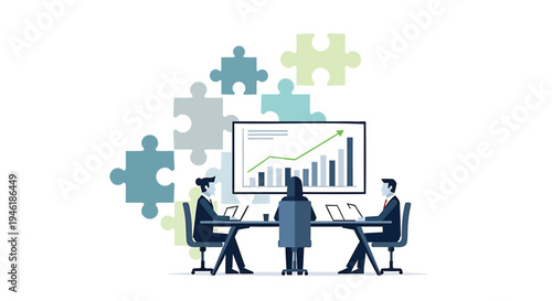 Vector illustration of business team analyzing graph on screen