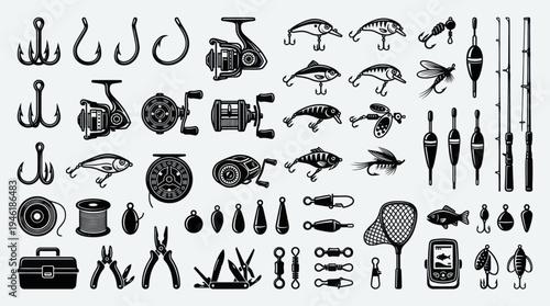 Comprehensive Collection of Fishing Gear and Tackle Silhouettes.
