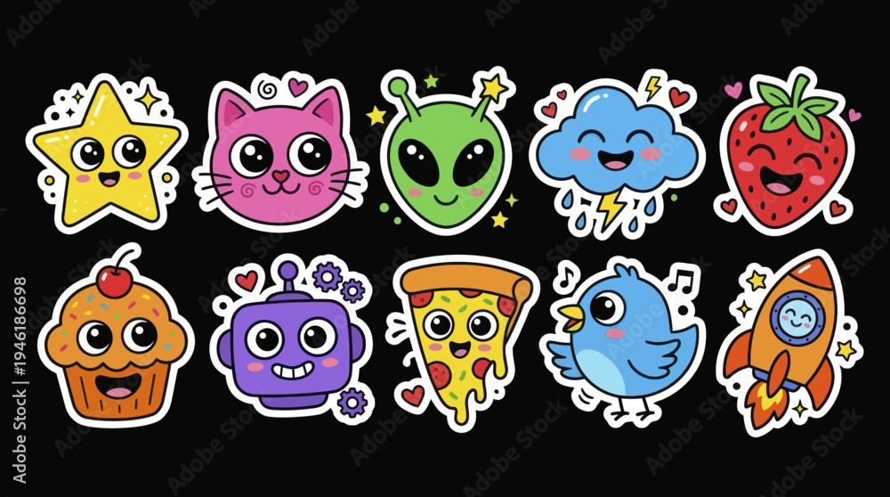 Obraz premium Cute Kawaii Cartoon Characters Collection Sticker Pack.