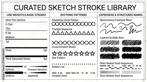 Curated Sketch Stroke Library with Various Line Weights and Patterns.