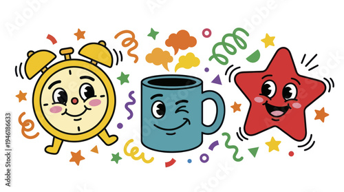 Cute cartoon alarm clock coffee mug and star characters celebrating.