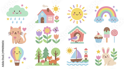 Cute cartoon illustrations of various elements like animals nature and weather.