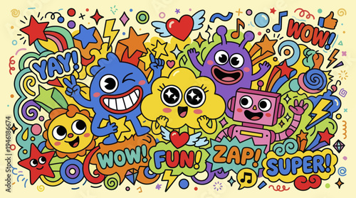 Cute cartoon monsters and robot characters in a fun doodle style.