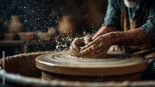 Close-up of artisan hands working with clay on a pottery wheel in a studio