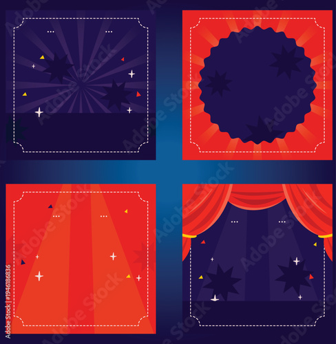 Set of Circus Stage Backgrounds with Red Curtains and Magic Stars, Performance Show Invitation Templates and Theater Frame Designs.