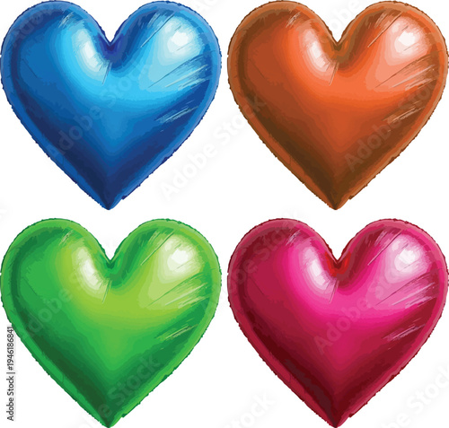 Set of four colorful heart shaped balloons in blue, orange, green, and pink. Glossy 3D foil heart symbols for Valentine's Day, wedding romance, or anniversary celebration