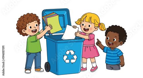 Three happy children are actively recycling different colored papers into a blue bin adorned with a prominent recycling symbol.