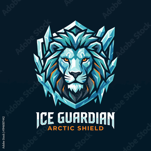 A powerful lion logo designed with ice and crystal elements symbolizing strength, guardianship, and resilience in a bold modern style ideal for branding.