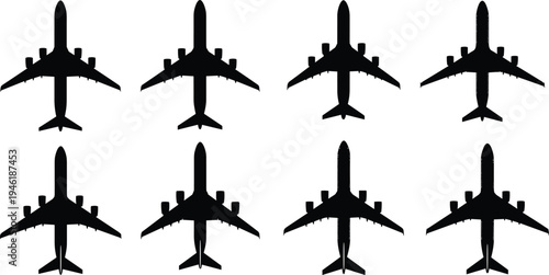 Airplane top view silhouette set, commercial passenger aircraft flying transport aviation travel airline jet concept illustration