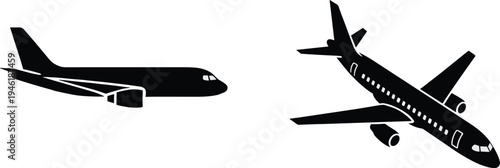 Airplane, silhouettes, passenger, jet, aircraft, aviation, transport, flight, isolated, vector, illustration, black, white, travel, airline, sky, transportation, sideview, angled, icon