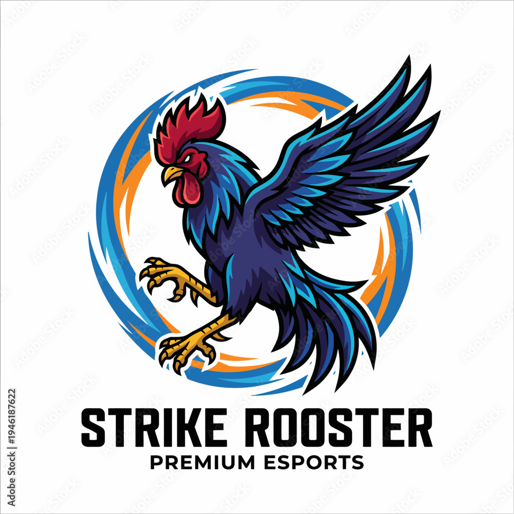 Fototapeta premium This vibrant logo features a fierce rooster in flight, designed for premium esports branding, encapsulating energy, agility, and competitive spirit in gaming.