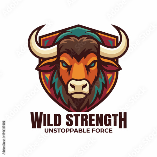 This image showcases a strong, stylized buffalo head with bold colors representing wild strength and an unstoppable force, ideal for sports or fitness branding.