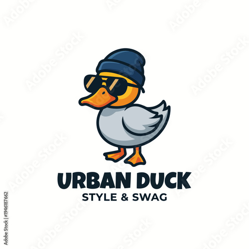 This fun illustration features a trendy duck dressed in urban attire with sunglasses, capturing a playful, quirky essence, perfect for brands targeting youthful and modern audiences.